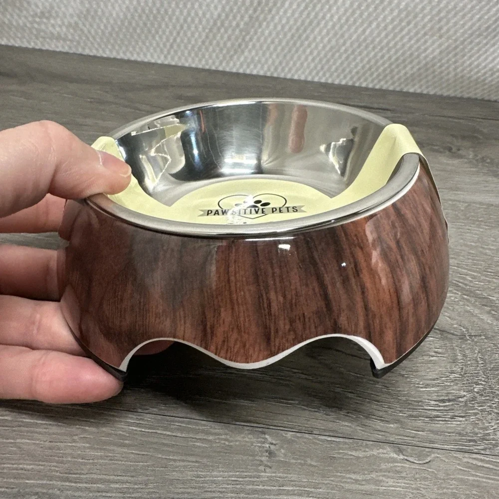 Dog or Cat‎ Food 2 in 1 Melamine Stainless Steel Pet Bowl BPA Free Wood Grain
